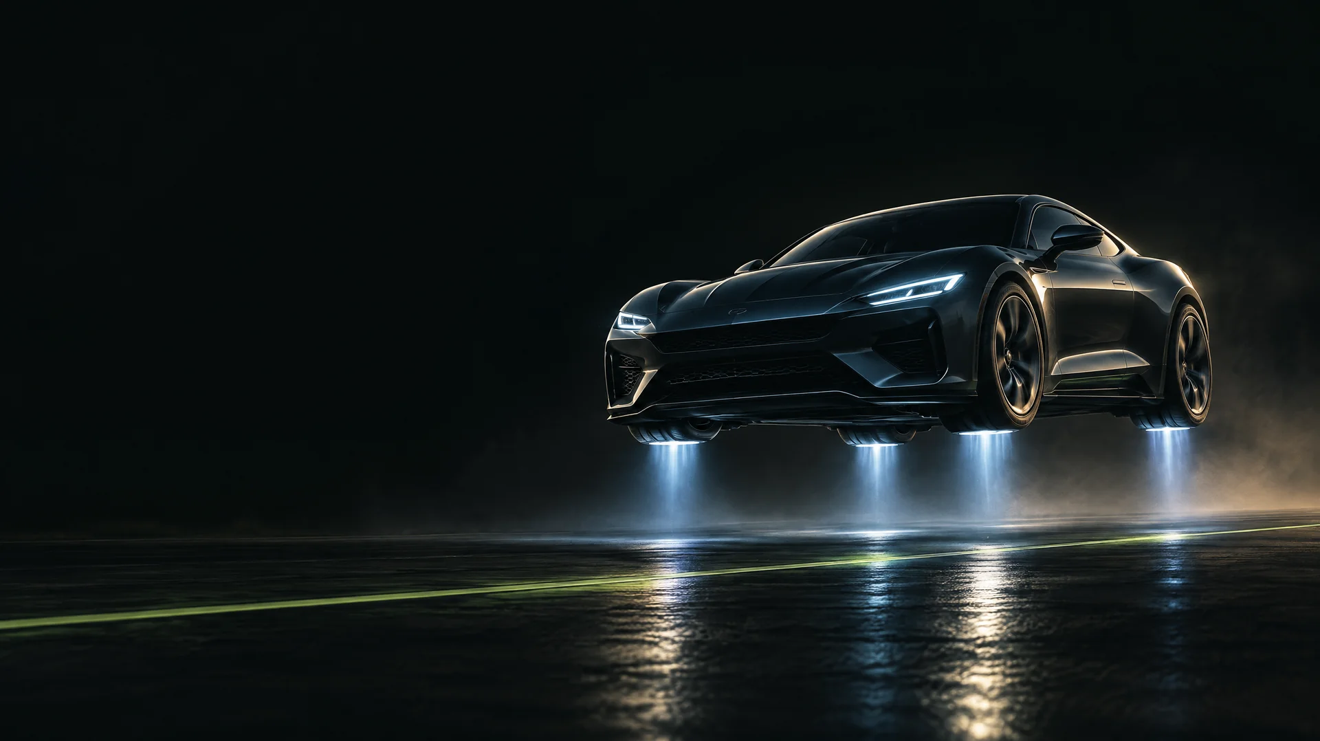 Concept artwork of an unbranded sports car lifting above a dark runway.
