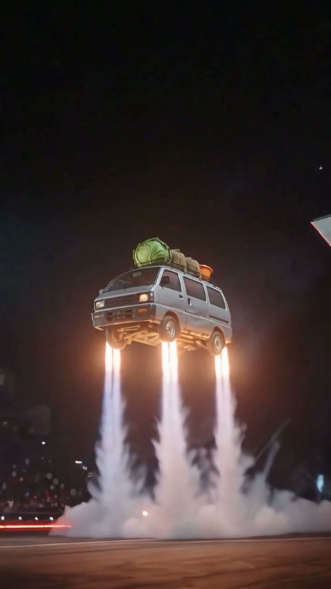 A minivan takes flight